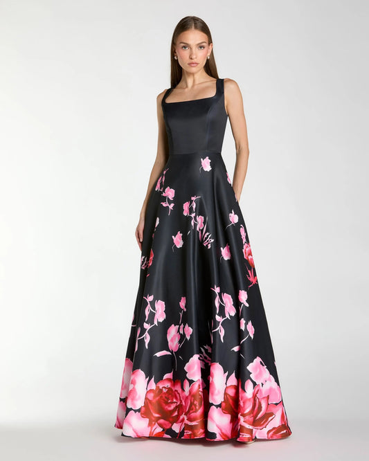 Black Square Neck Floral Print Ball Gown