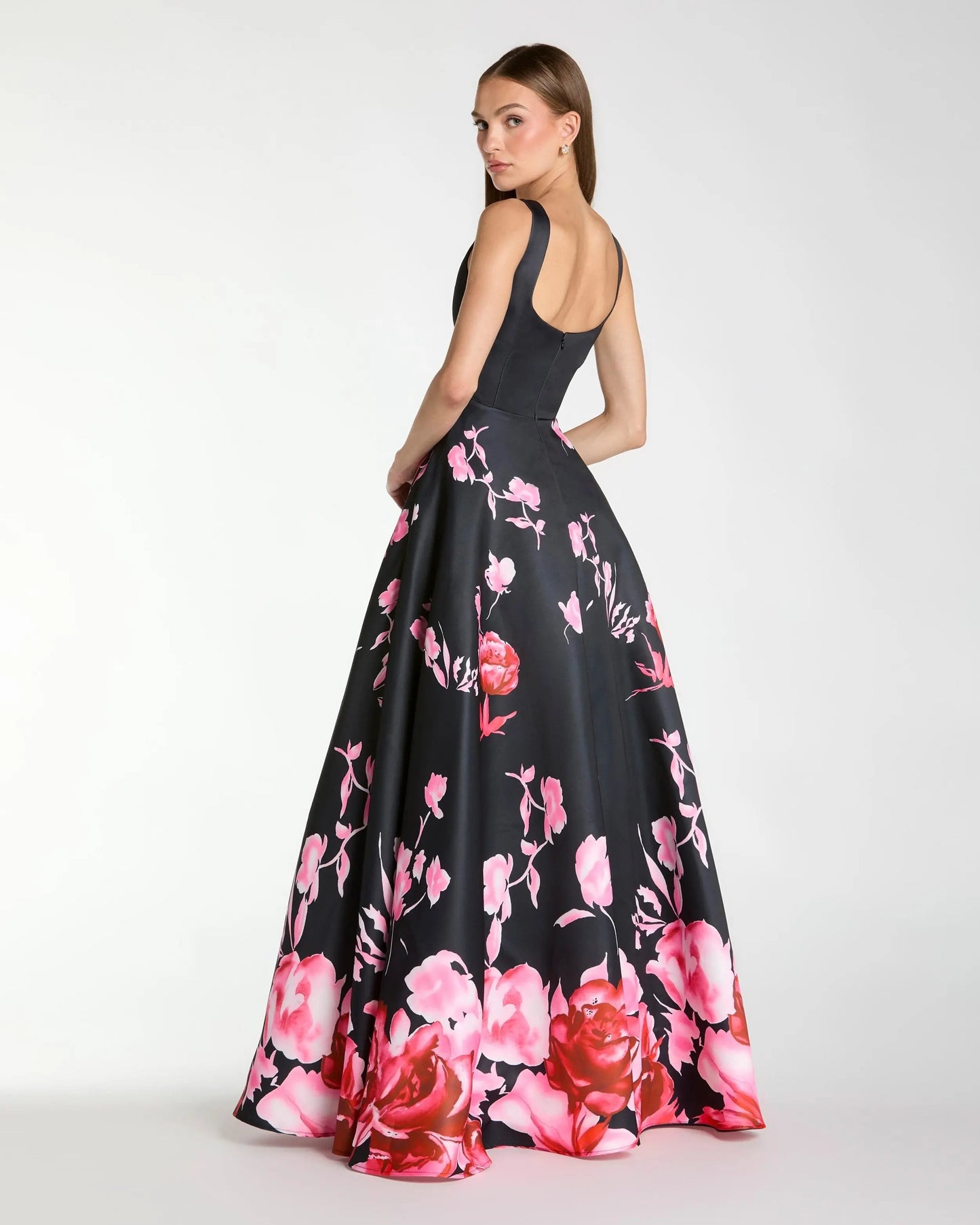 Black Square Neck Floral Print Ball Gown