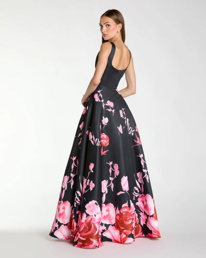 Black Square Neck Floral Print Ball Gown