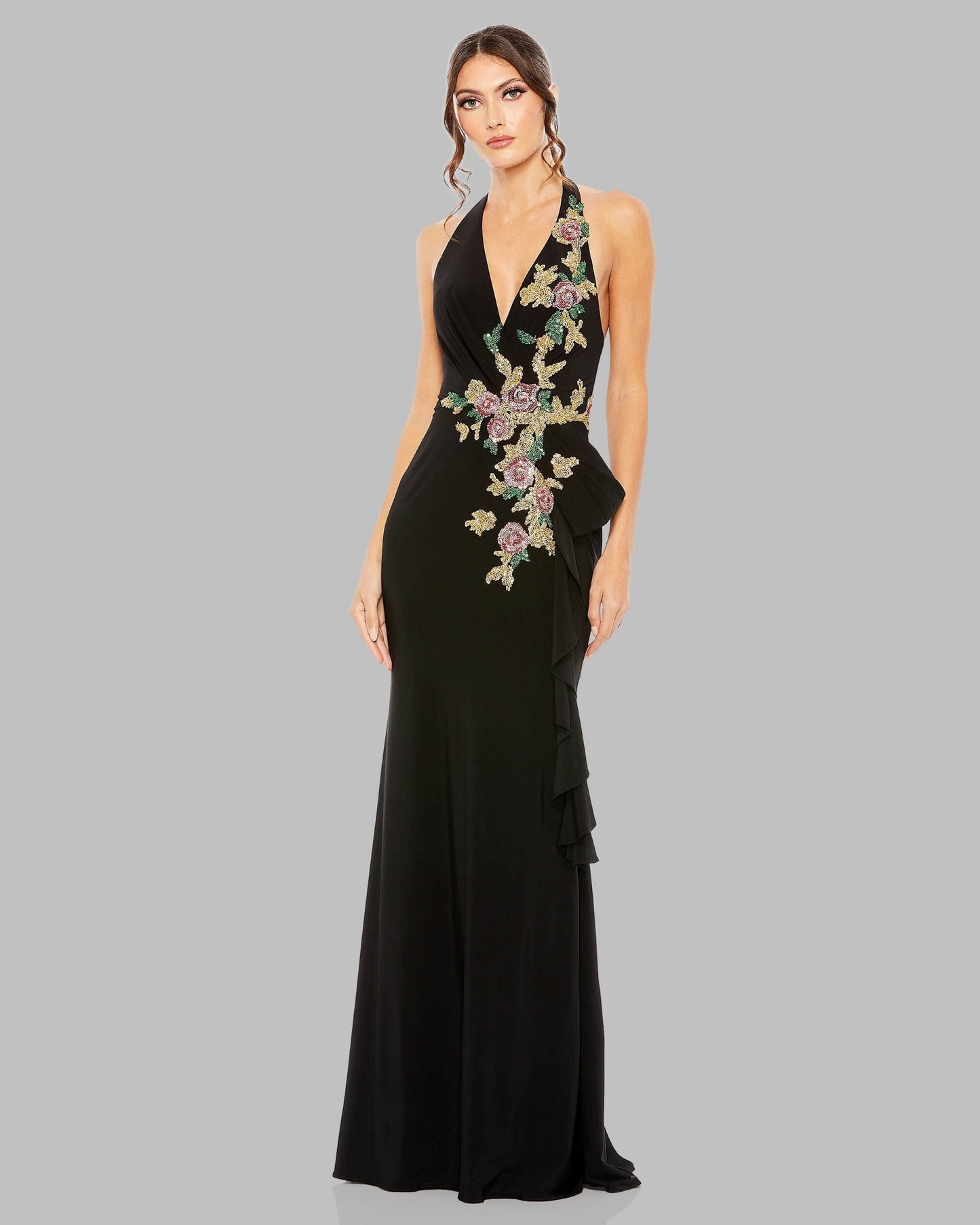 Black Halter Floral Embellished Column Gown