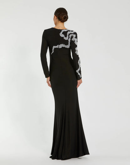 Black Jersey Evening Gown With Beaded Swirl Detail