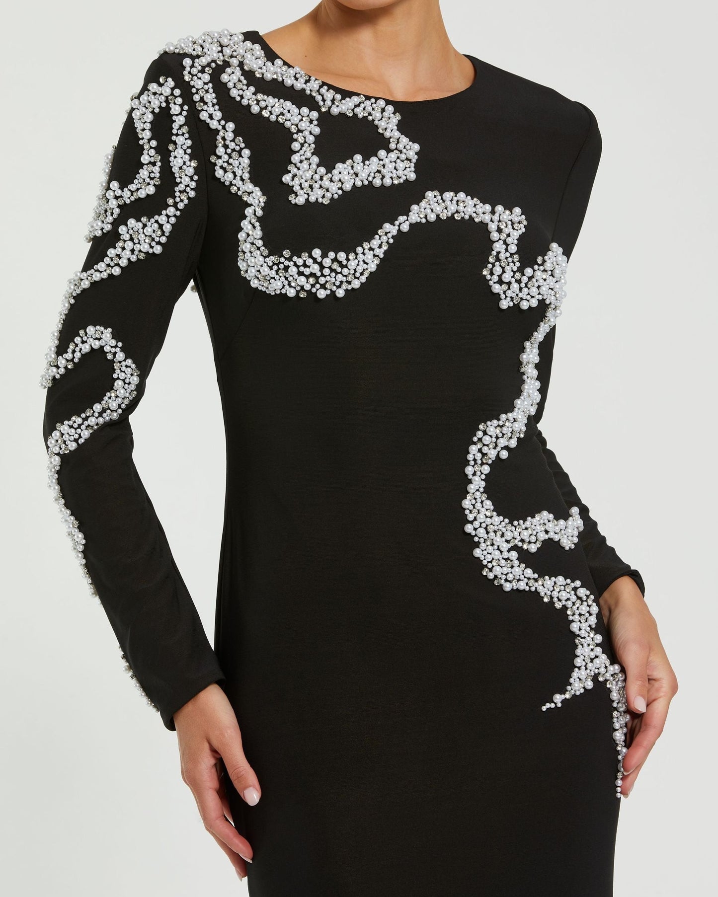 Black Jersey Evening Gown With Beaded Swirl Detail