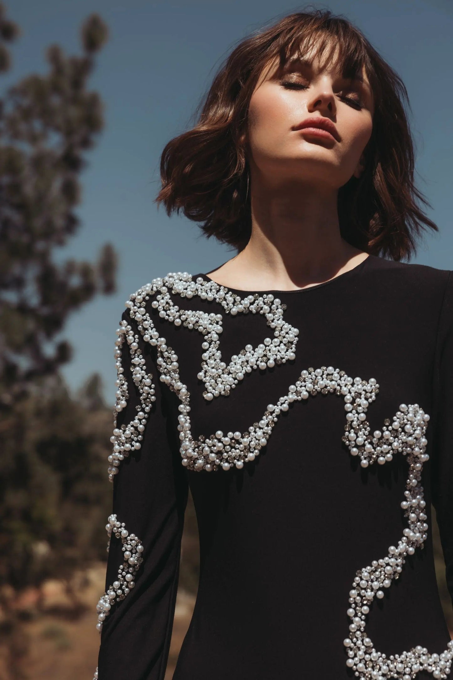 Black Jersey Evening Gown With Beaded Swirl Detail