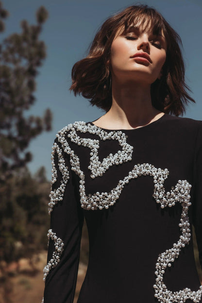 Black Jersey Evening Gown With Beaded Swirl Detail
