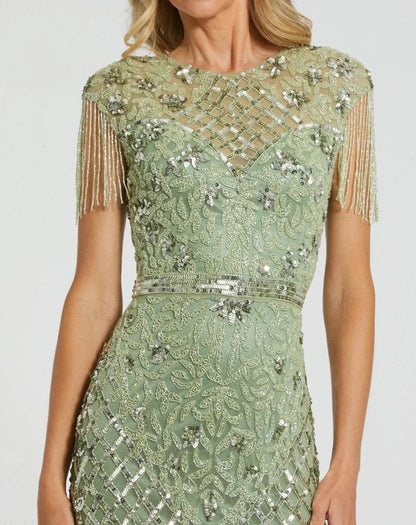 Green High Neck Beaded Fringe Fitted Gown