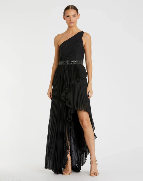 Black Pleated One Shoulder Asymmetrical Ruffle Hem Gown - FINAL SALE
