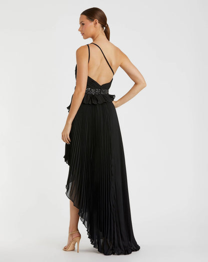 Black Pleated One Shoulder Asymmetrical Ruffle Hem Gown - FINAL SALE