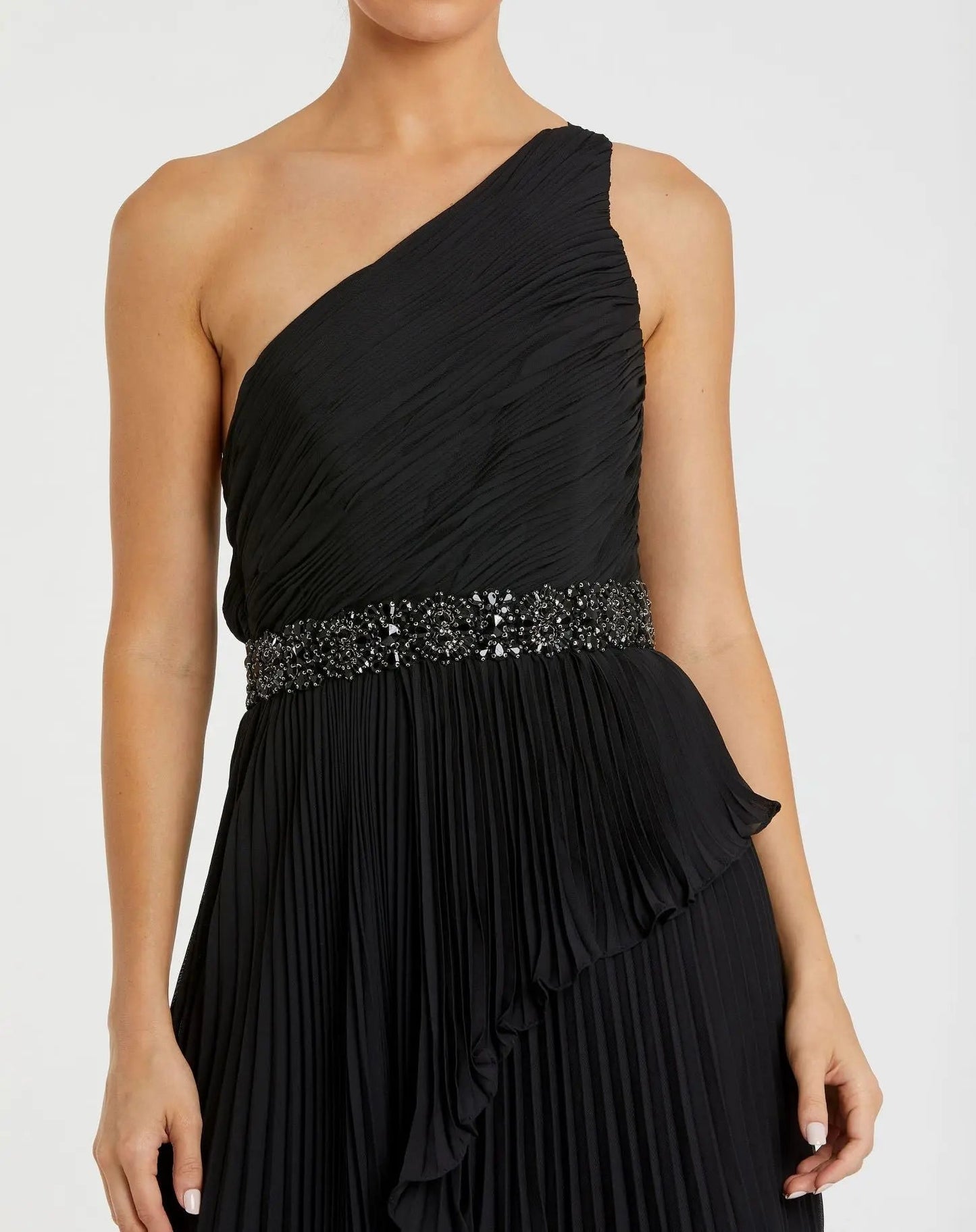 Black Pleated One Shoulder Asymmetrical Ruffle Hem Gown - FINAL SALE
