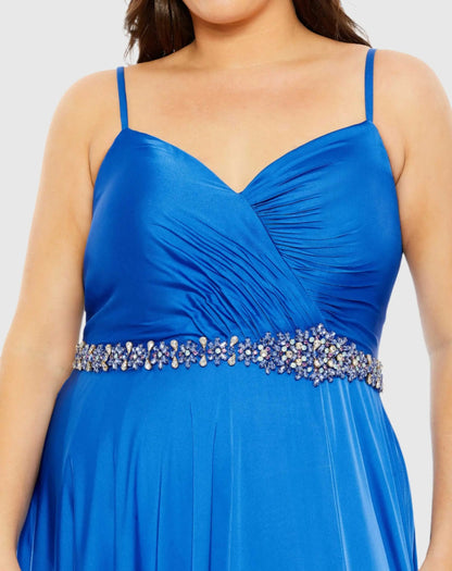 Blue Beaded Belt Faux Wrap A Line Gown (Plus) - FINAL SALE