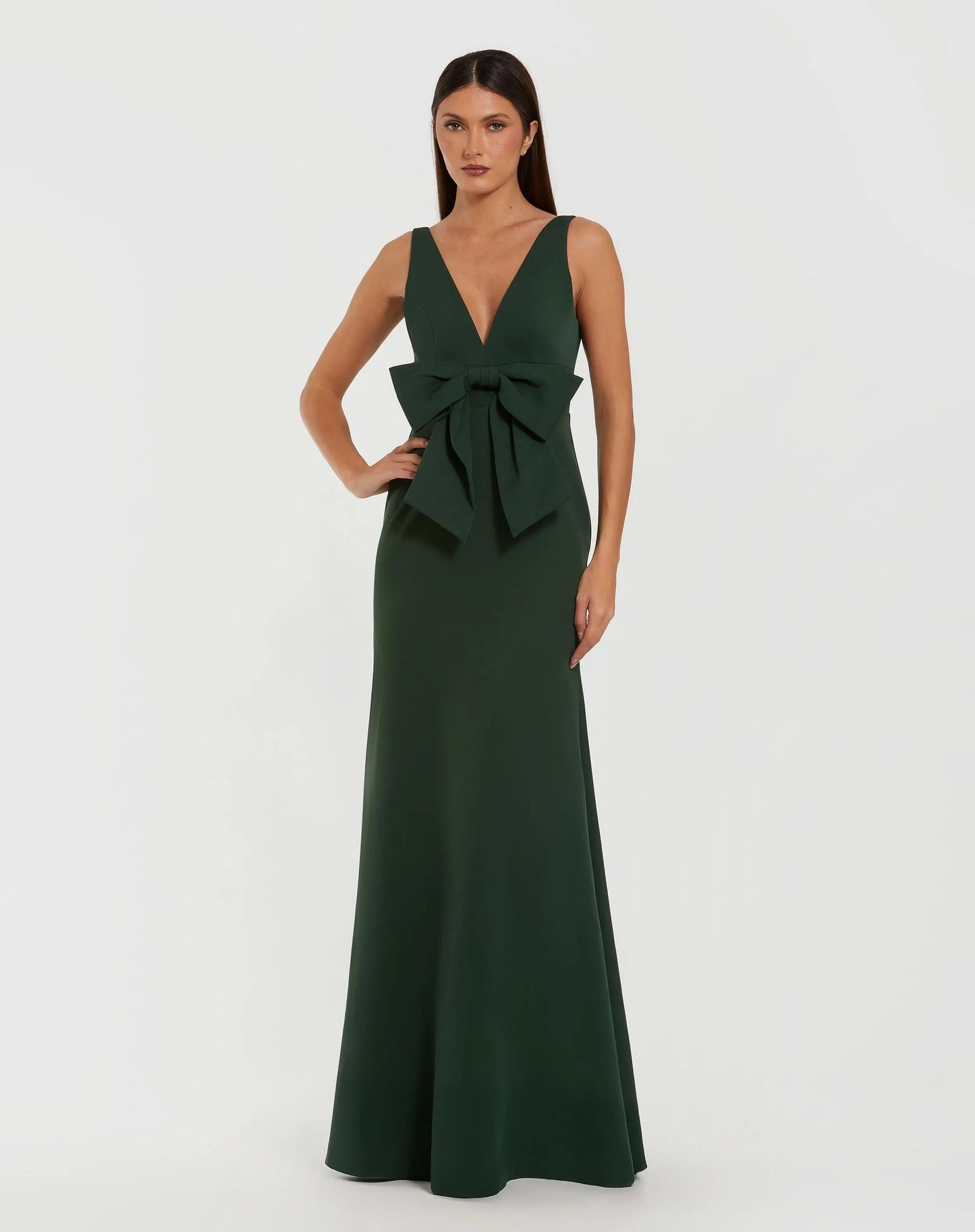 Crepe Sleeveless V-Neck Gown with Bow