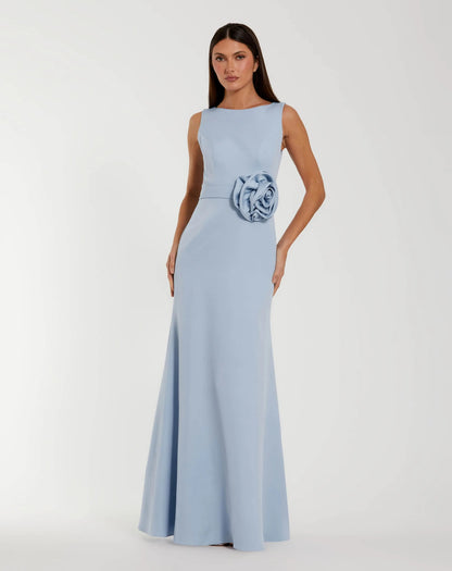 Boat Neck Crepe A Line Gown With Flower
