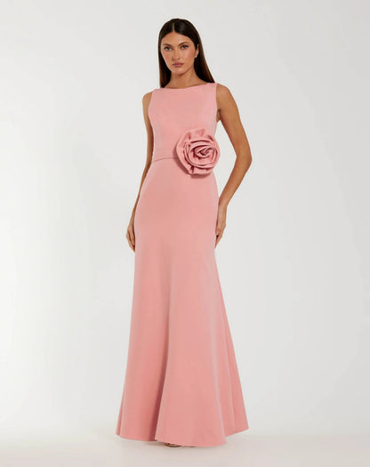 Boat Neck Crepe A Line Gown With Flower