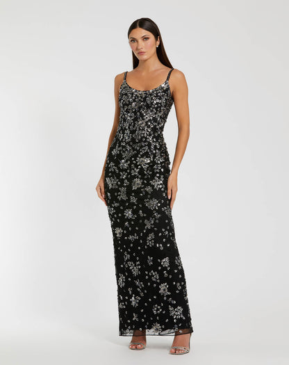Floral Embellished Scoop Neck Evening Gown