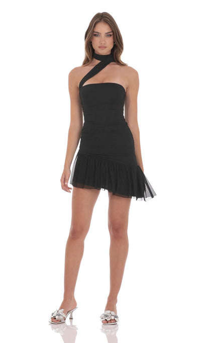 Asymmetrical Mesh Scarf Dress in Black