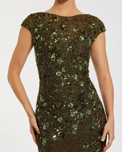 Green Floral Embellished Cap Sleeve Column Gown