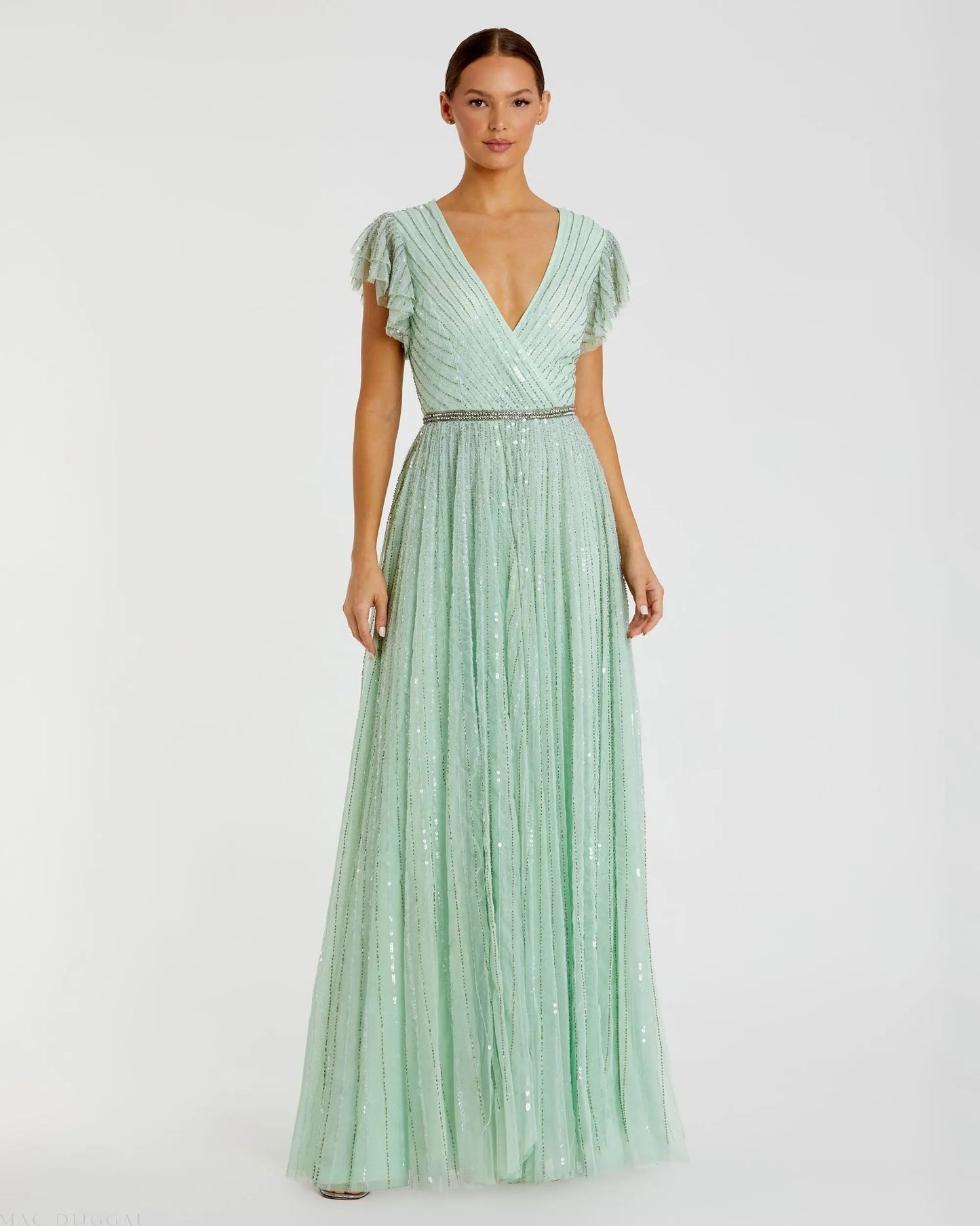 Green Sequined Wrap Over Ruffled Cap Sleeve Gown - FINAL SALE
