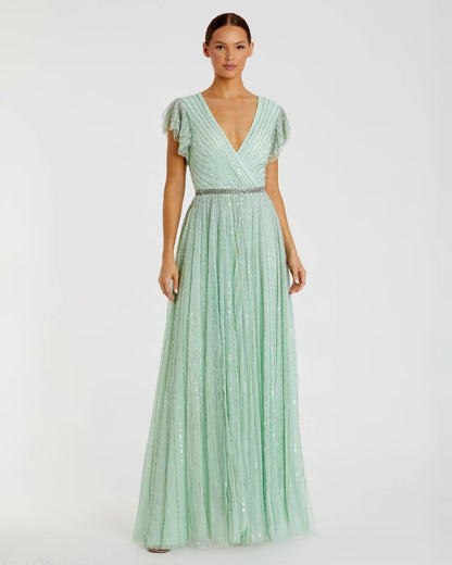 Green Sequined Wrap Over Ruffled Cap Sleeve Gown - FINAL SALE