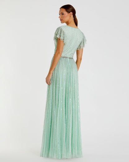 Green Sequined Wrap Over Ruffled Cap Sleeve Gown - FINAL SALE