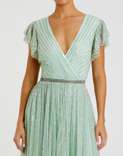 Green Sequined Wrap Over Ruffled Cap Sleeve Gown - FINAL SALE