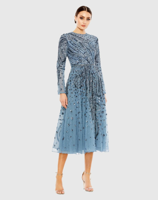 Embellished Illusion High Neck Long Sleeve Dress