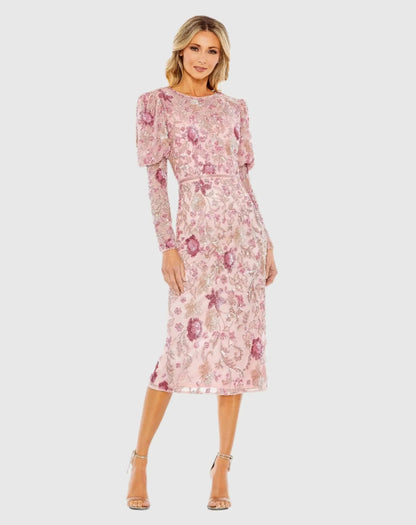 Embellished Puff Sleeve High Neck Dress