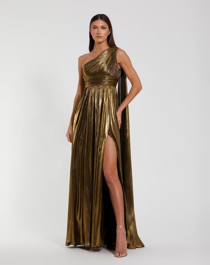 Gold Metallic One Shoulder Gown With Slit