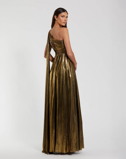 Gold Metallic One Shoulder Gown With Slit