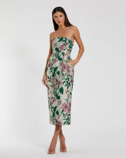Floral Brocade Strapless Fitted Midi Dress