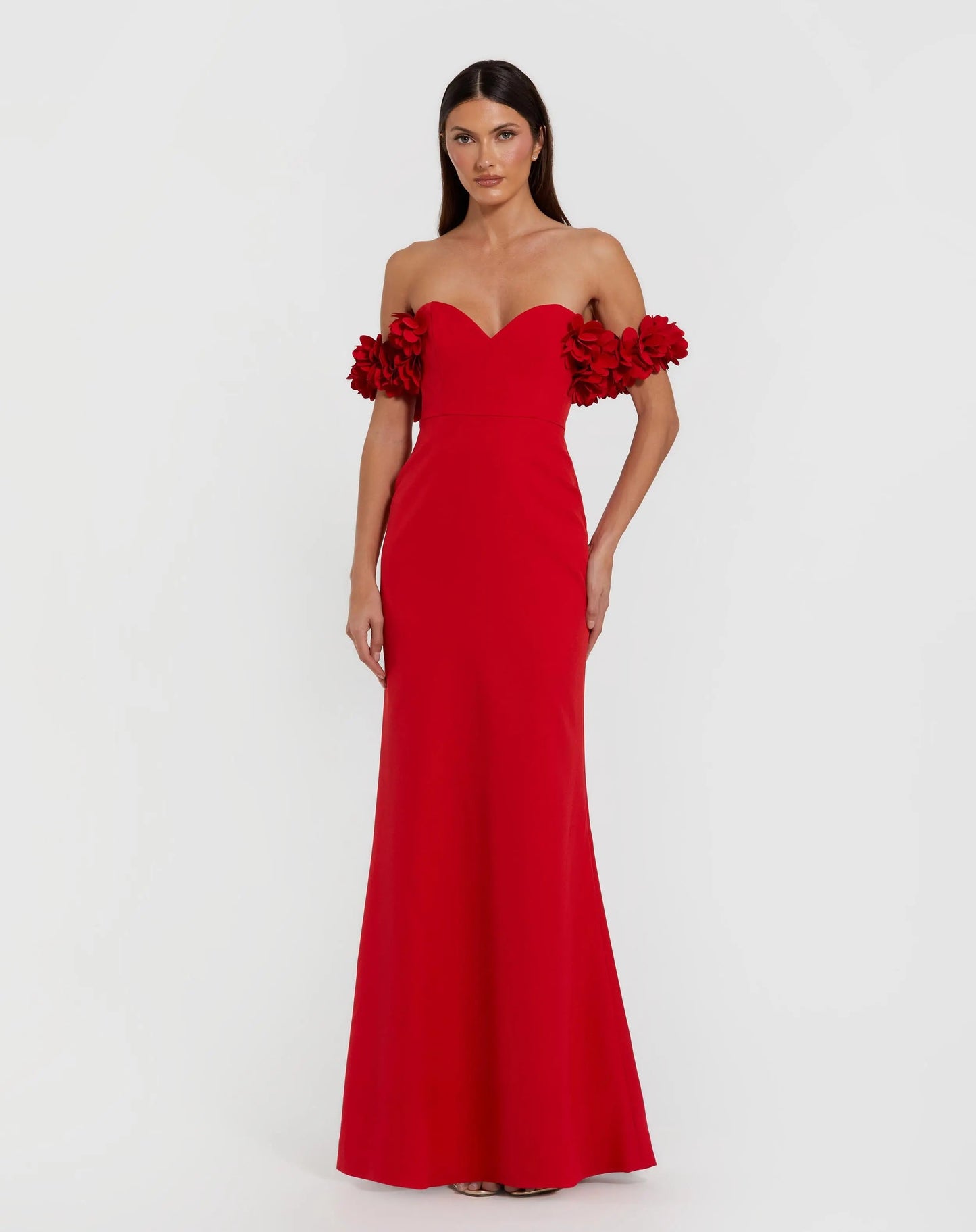 Crepe Off The Shoulder Gown With 3D Flowers