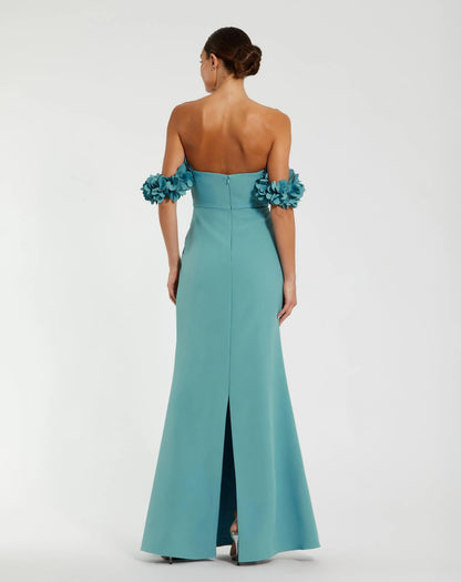 Blue Crepe Off The Shoulder Gown With 3D Flowers