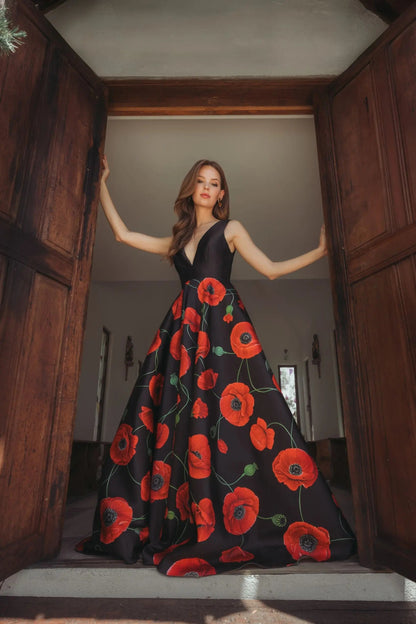 Black Plunge Neck Ball Gown With Floral Mikado Skirt