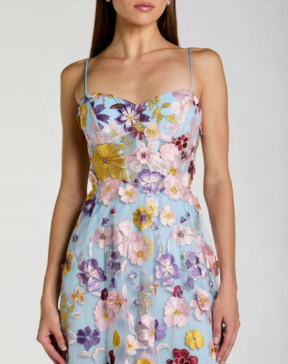 Blue Spaghetti Strap Floral Embroidered A-Line Gown