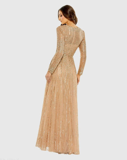 Beige Illusion High Neck Long Sleeve Embellished Gown