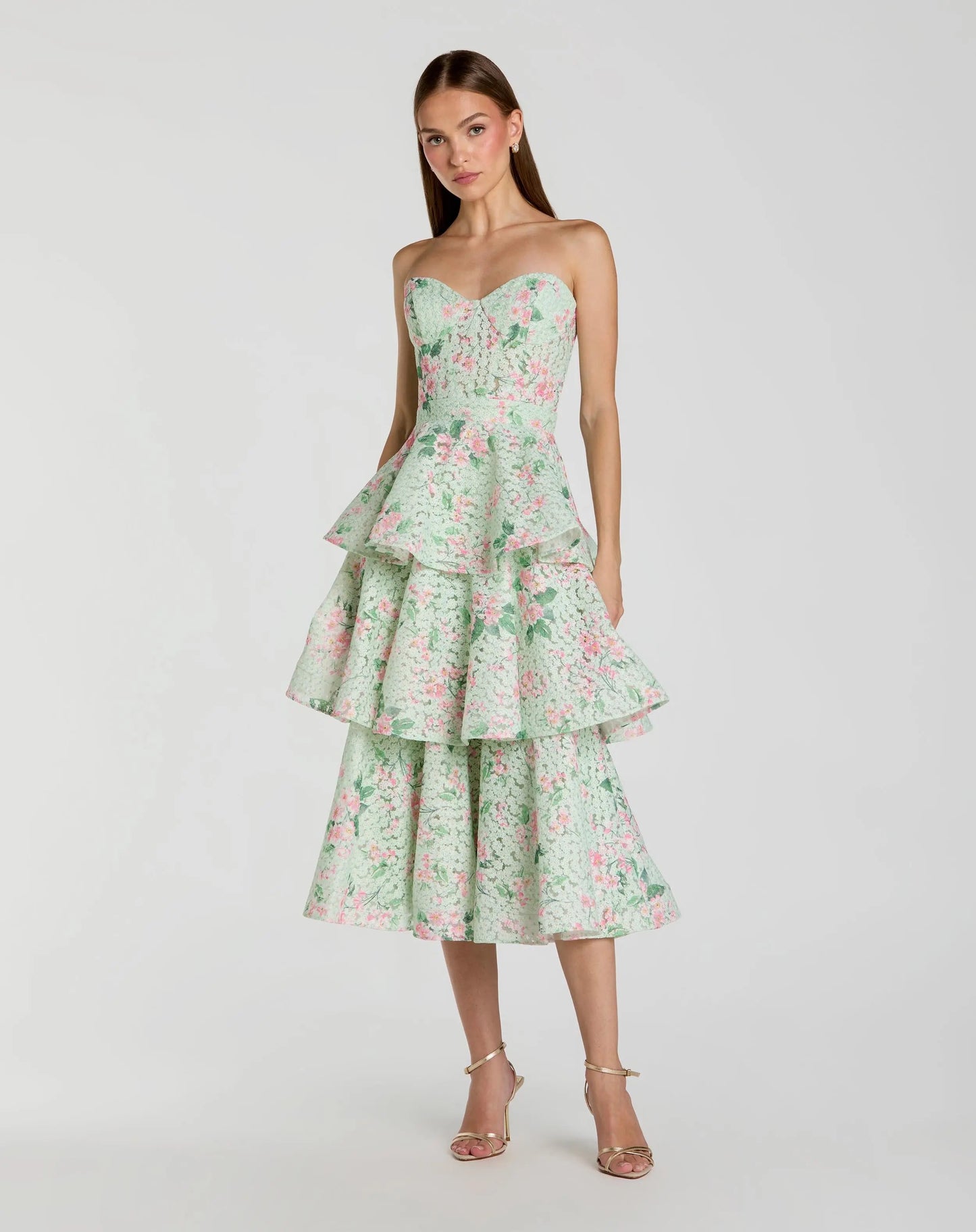 Green Floral Tiered Strapless Midi Dress