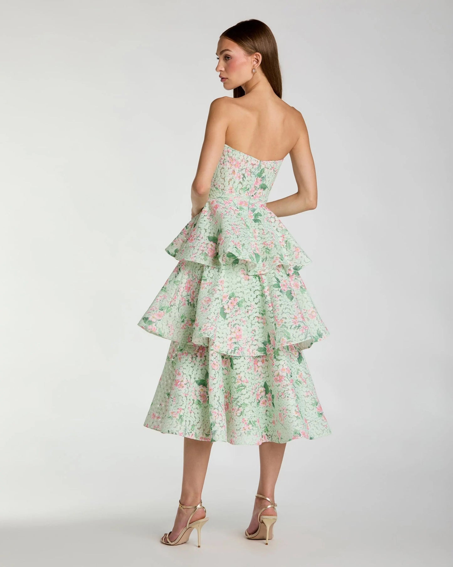 Green Floral Tiered Strapless Midi Dress
