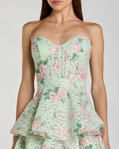 Green Floral Tiered Strapless Midi Dress