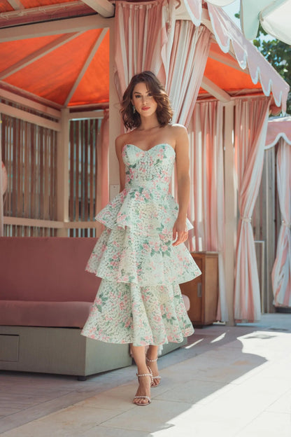 Green Floral Tiered Strapless Midi Dress