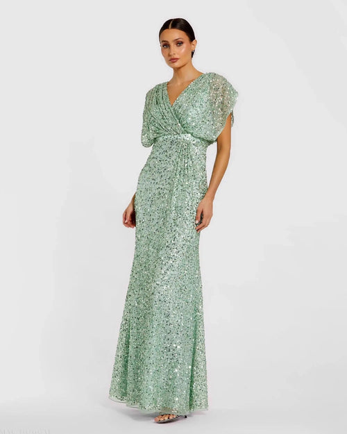Green Sequin Draped Sleeve V-Neck Gown