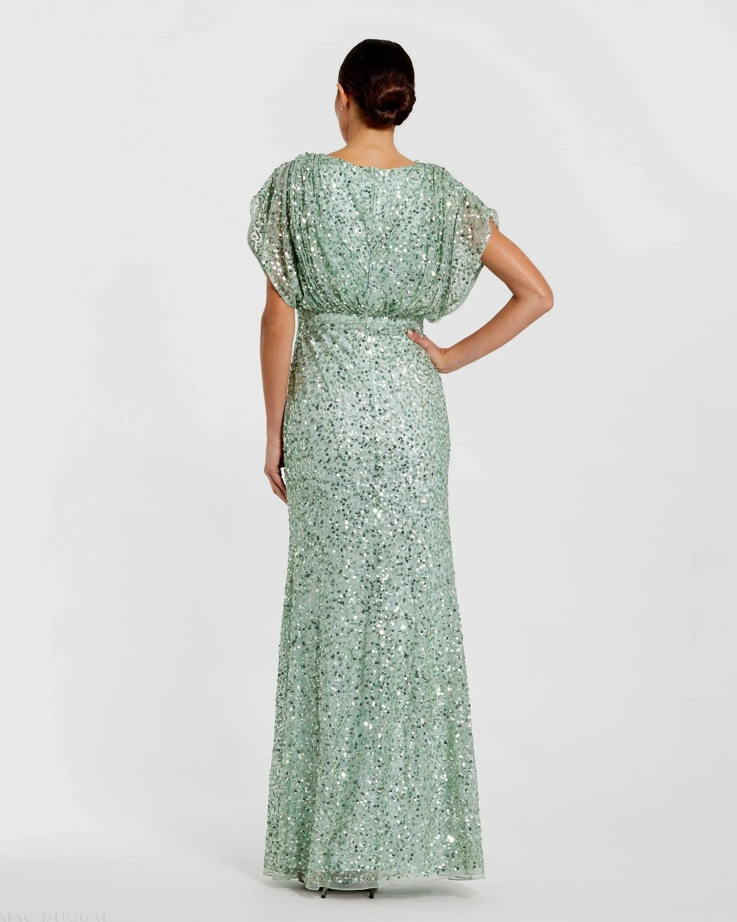 Green Sequin Draped Sleeve V-Neck Gown