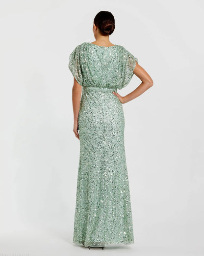 Green Sequin Draped Sleeve V-Neck Gown