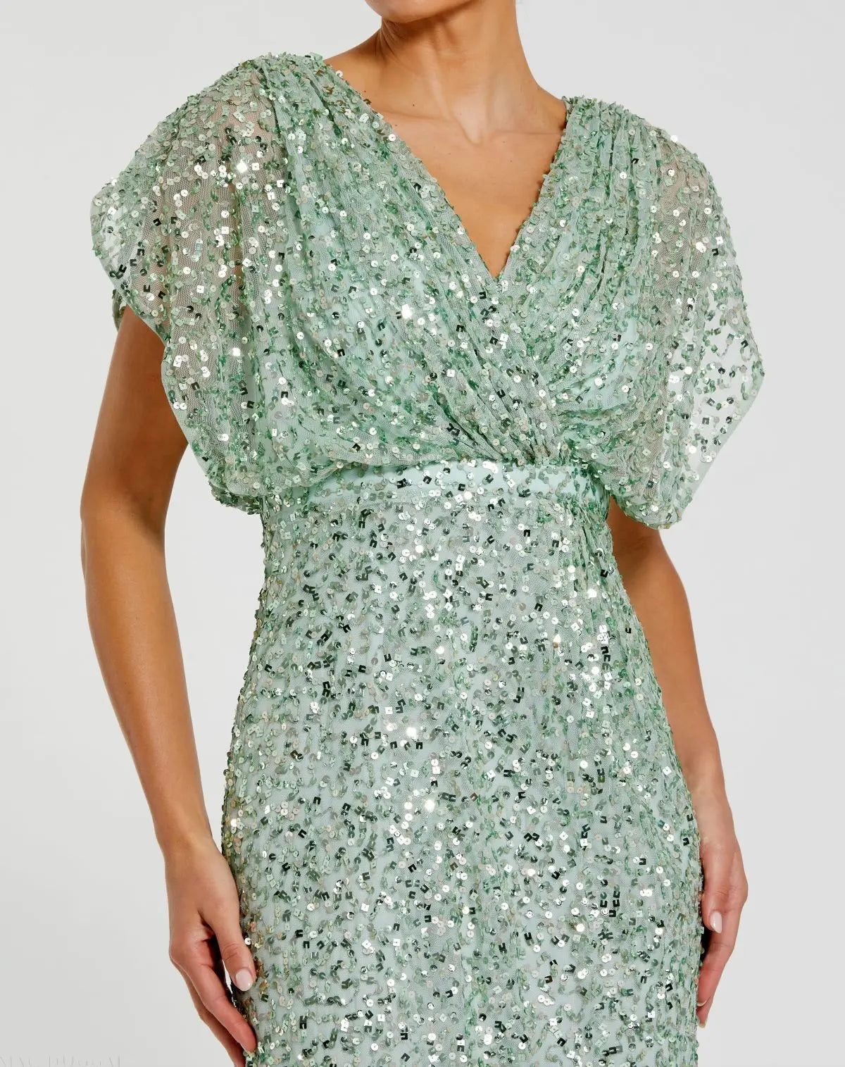 Green Sequin Draped Sleeve V-Neck Gown