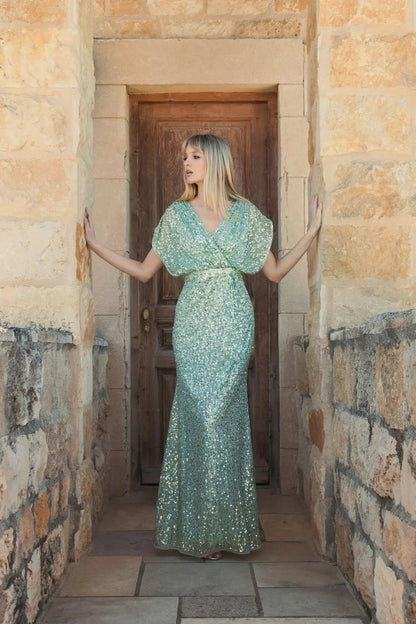 Green Sequin Draped Sleeve V-Neck Gown