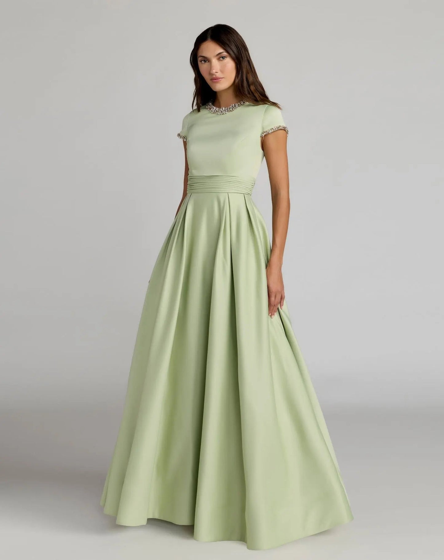 Embellished Satin Cap Sleeve Ball Gown
