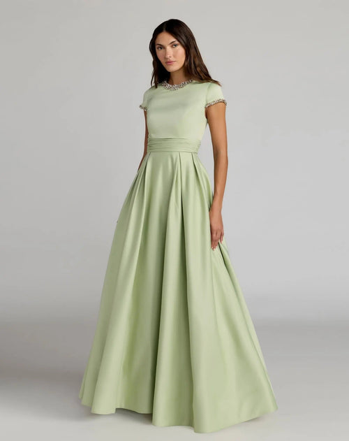 Embellished Satin Cap Sleeve Ball Gown