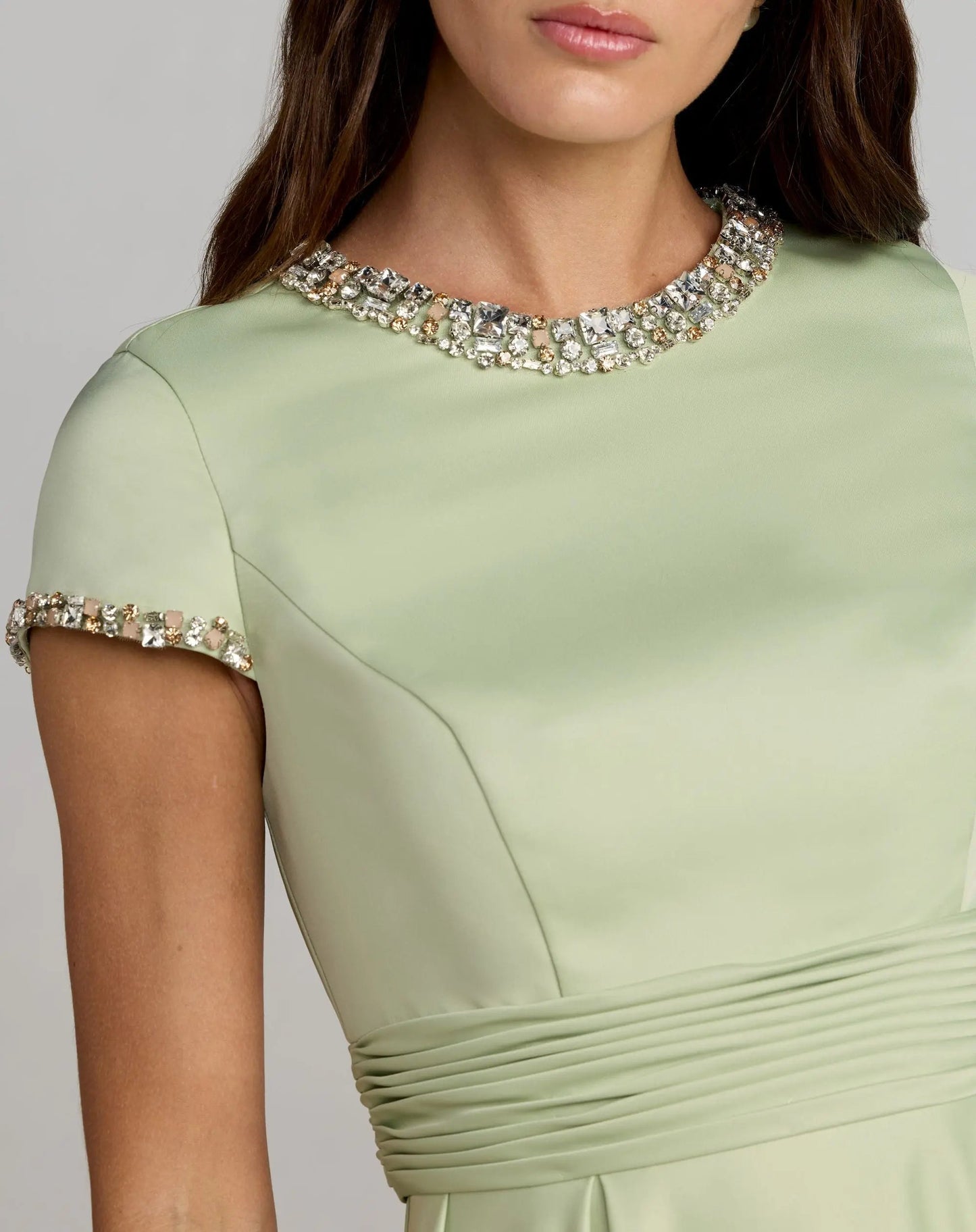 Embellished Satin Cap Sleeve Ball Gown
