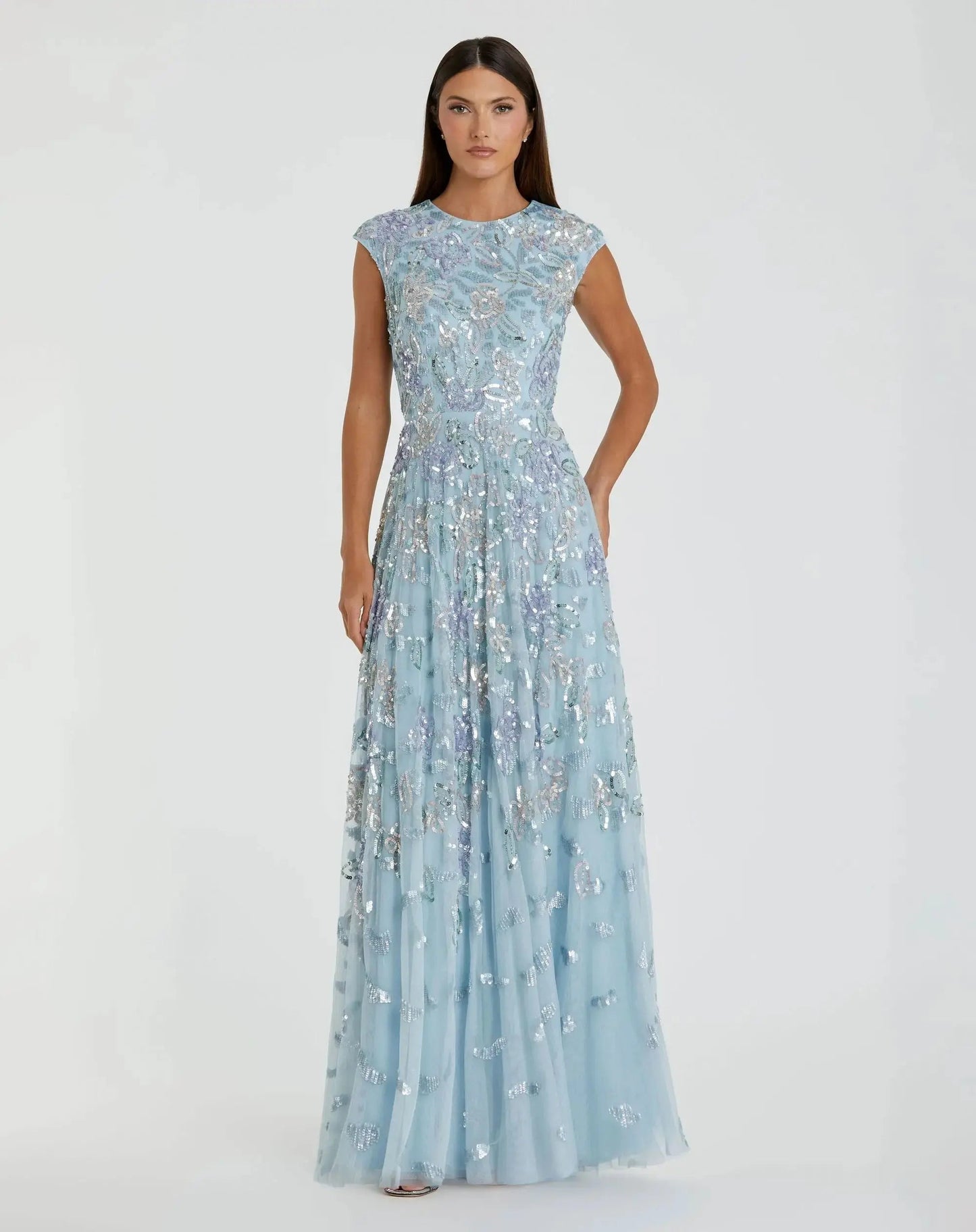 Blue Sequined High Neck Cap Sleeve A Line Gown