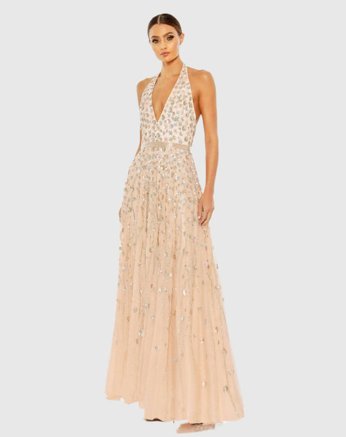 Floral Embellished Halter Strap A Line Gown