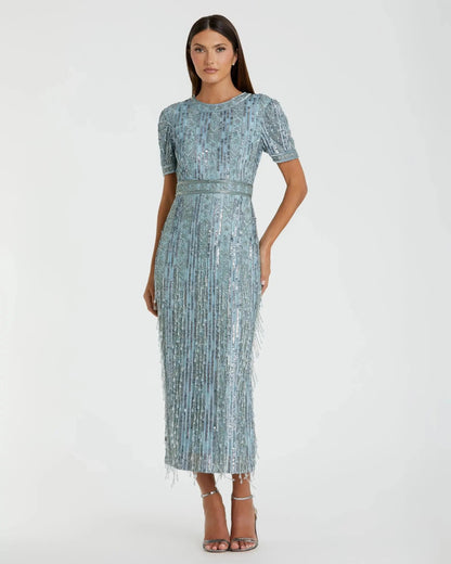 High Neck Short Sleeve Crystal Fringe Sheath Dress
