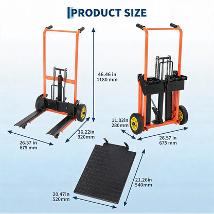 Garvee collapsible Hydraulic Material Lift Winch Stacker - 450 lb Capacity - 35.8 in Max Lift - Removable Platform Lift Table Cart - 360° Swivel Casters - Yellow
