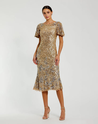 Gold Flutter Sleeve Floral Embellished Sequin Midi Dress